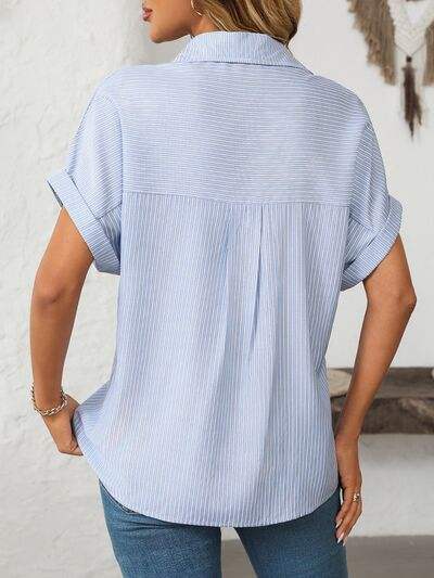 Mandy Pocketed Striped Collared Neck Short Sleeve Shirt - Trendsi - Flyclothing LLC