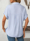 Mandy Pocketed Striped Collared Neck Short Sleeve Shirt - Trendsi
