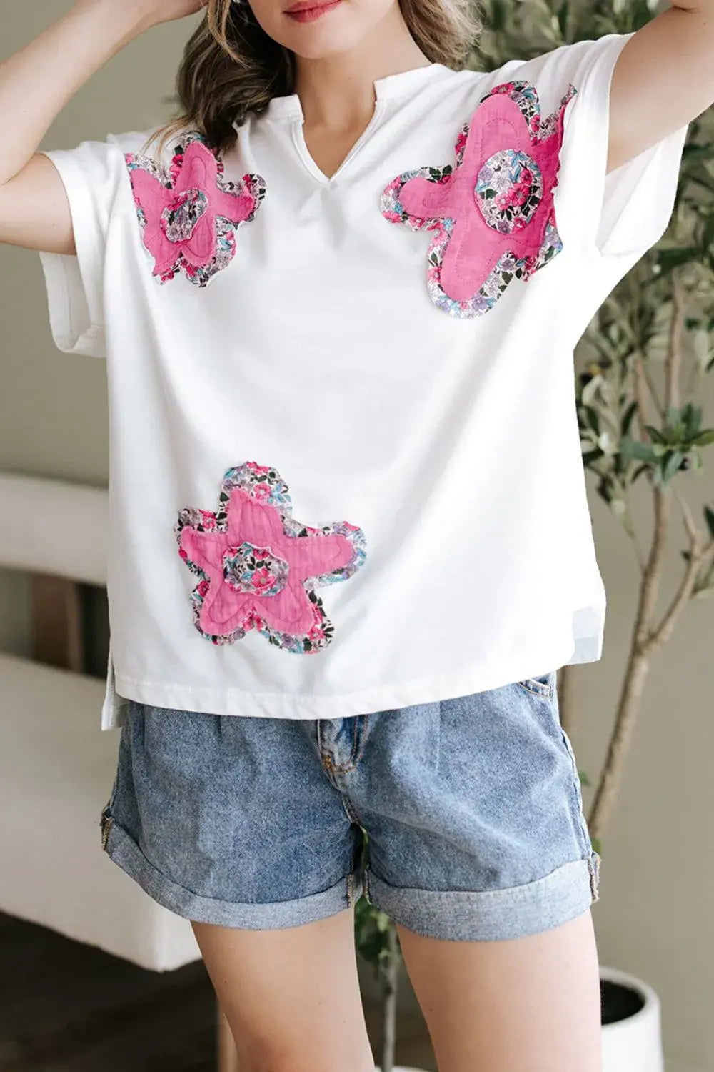 Floral Applique Notched Dolman Sleeve Top - Trendsi - Flyclothing LLC