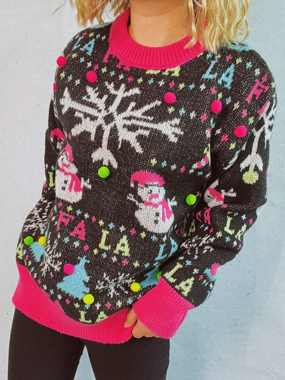 Snowman Contrast Trim Round Neck Sweater - Trendsi - Flyclothing LLC