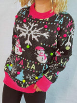 Snowman Contrast Trim Round Neck Sweater - Trendsi - Flyclothing LLC