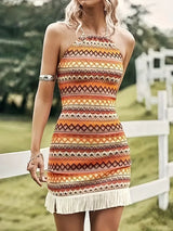 Full Size Fringe Grecian Neck Mini Dress Plus Size - Trendsi - Flyclothing LLC