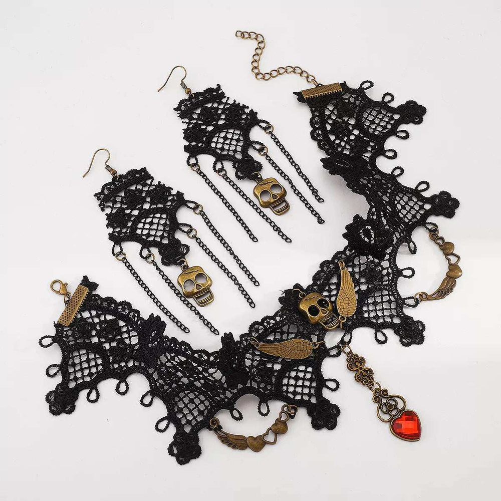 Halloween Lace Skull Necklace and Earrings Jewelry Set - Trendsi - Flyclothing LLC