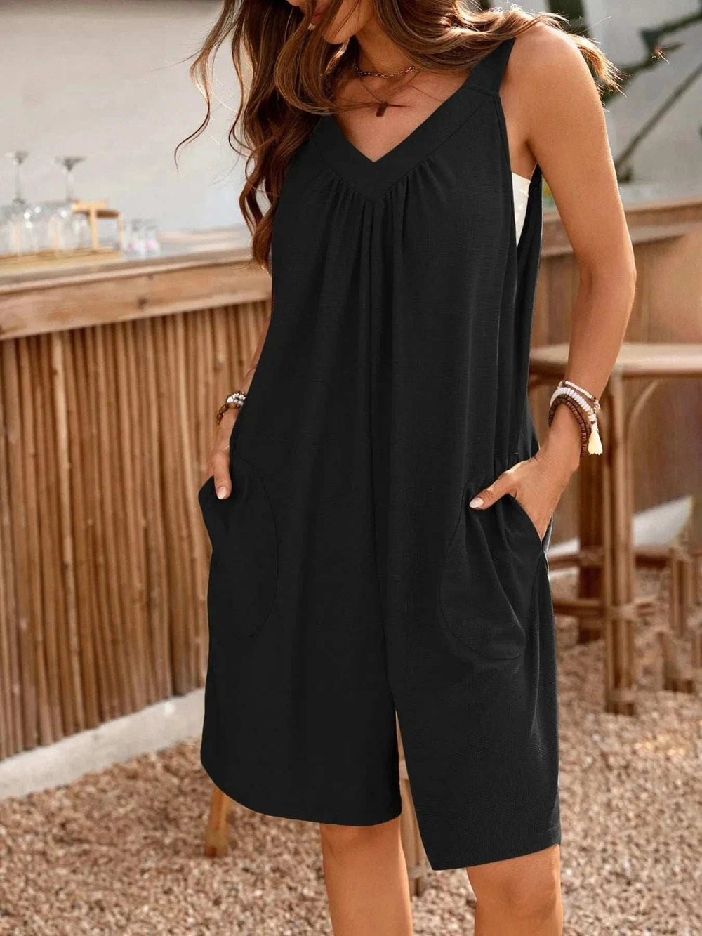 Casual V-Neck Sleeveless Romper with Pockets - Trendsi - Flyclothing LLC