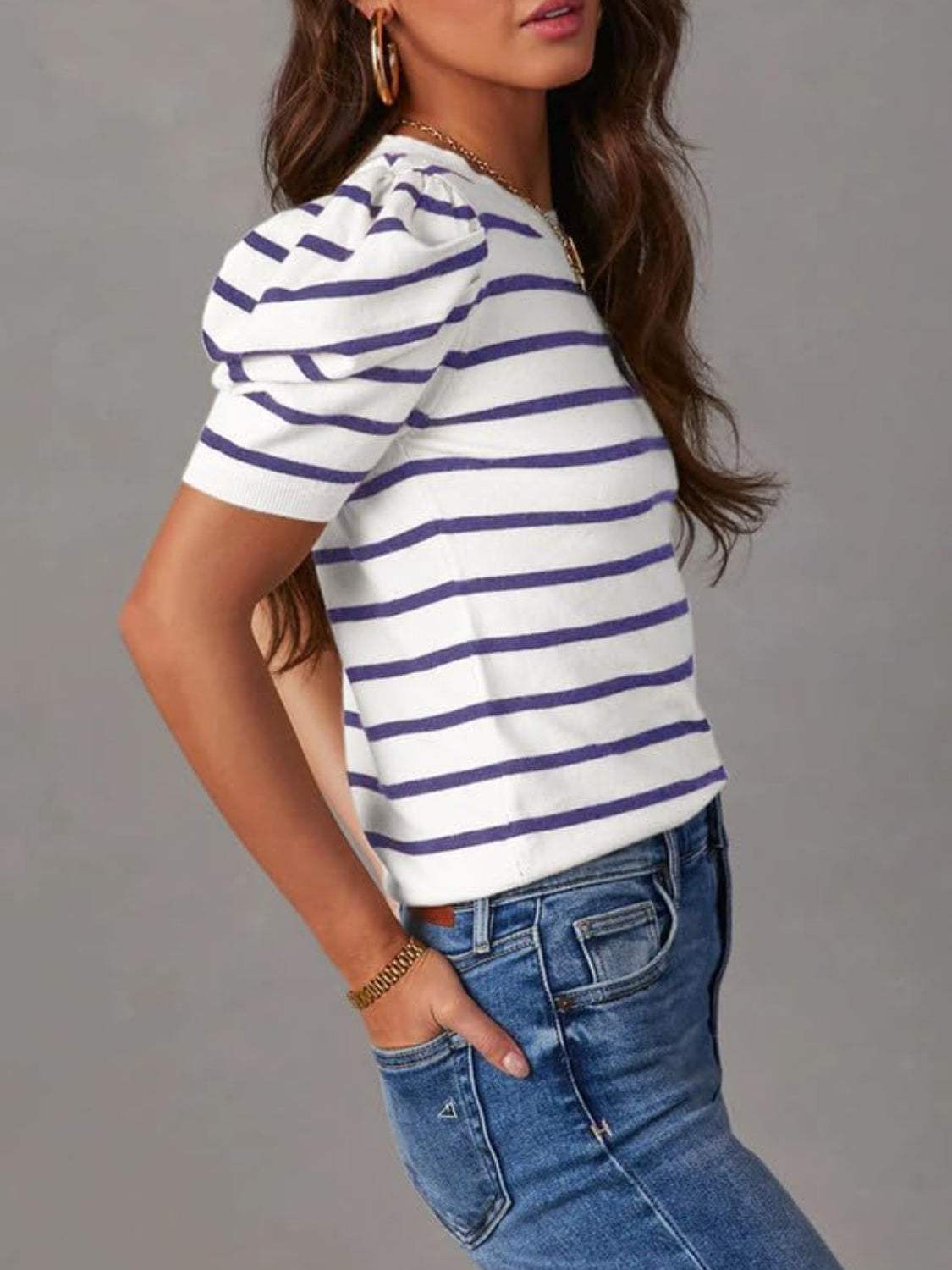 Striped Round Neck Puff Sleeve Knit Top - Trendsi - Flyclothing LLC