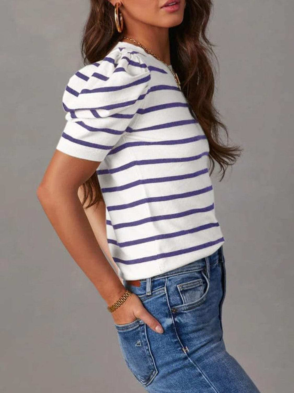 Striped Round Neck Puff Sleeve Knit Top - Trendsi - Flyclothing LLC