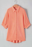 Corded Half Sleeve Button Up High Low Shirt - Trendsi - Flyclothing LLC