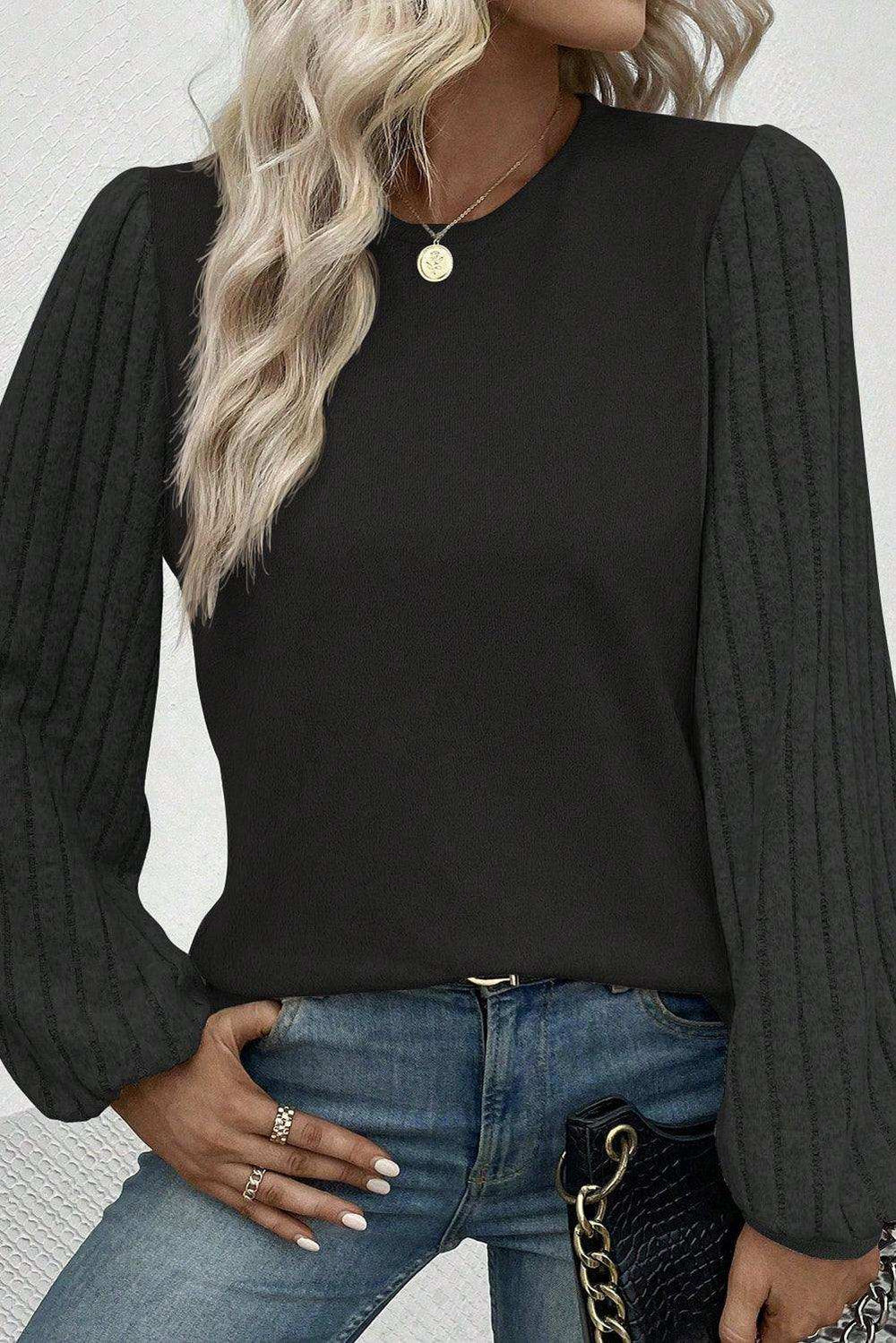 Ribbed Round Neck Long Sleeve Knit Top - Trendsi - Flyclothing LLC