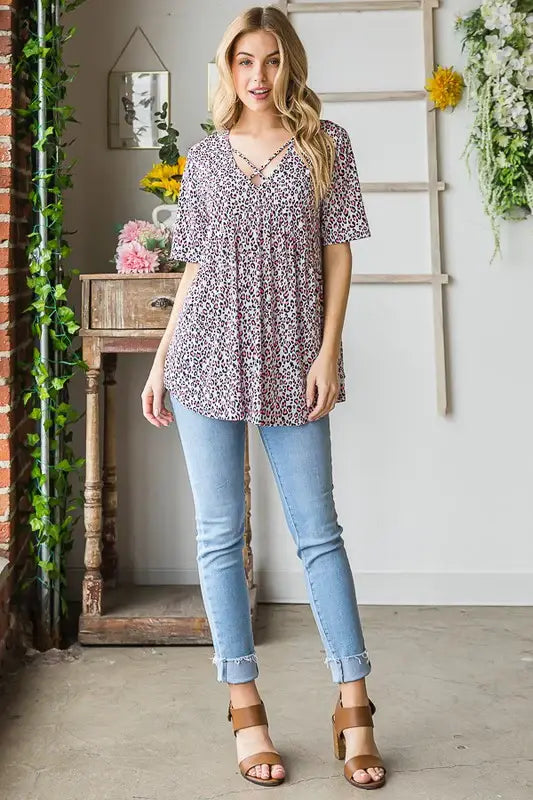 Heimish Full Size Short Sleeve Crisscross Animal Babydoll Top Plus Size - Trendsi - Flyclothing LLC