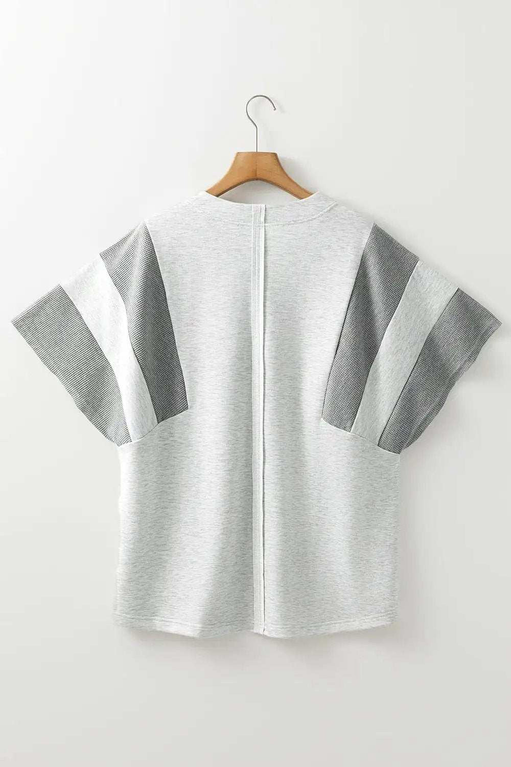 Two Tone Contrast Waffle Knit Patched Buttoned V Neck Top - Trendsi - Flyclothing LLC