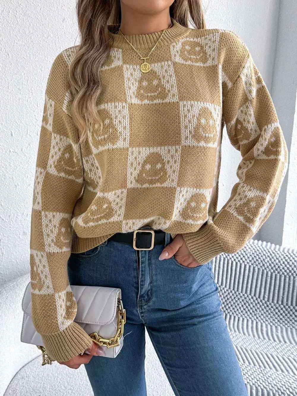 Halloween Ghost Pattern Checkered Round Neck Sweater - Trendsi - Flyclothing LLC