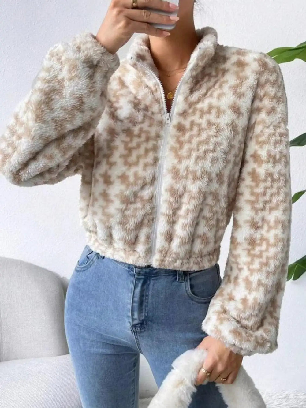 Zip Up Long Sleeve Fuzzy Outerwear - Trendsi