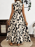 Printed Tie Waist Sleeveless Maxi Dress - Trendsi