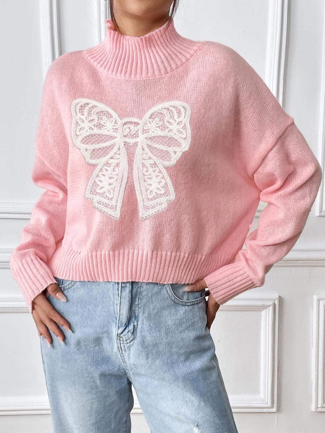 Bow Turtleneck Long Sleeve Sweater - Trendsi - Flyclothing LLC