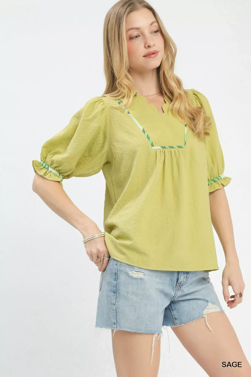 Umgee Scalloped Trim Blouse with Puff Sleeves - Trendsi - Flyclothing LLC