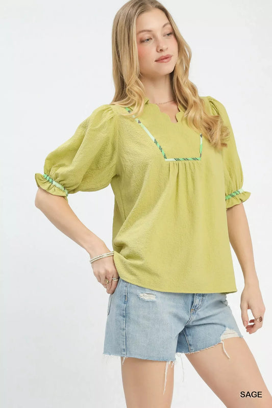 Umgee Scalloped Trim Blouse with Puff Sleeves - Trendsi - Flyclothing LLC