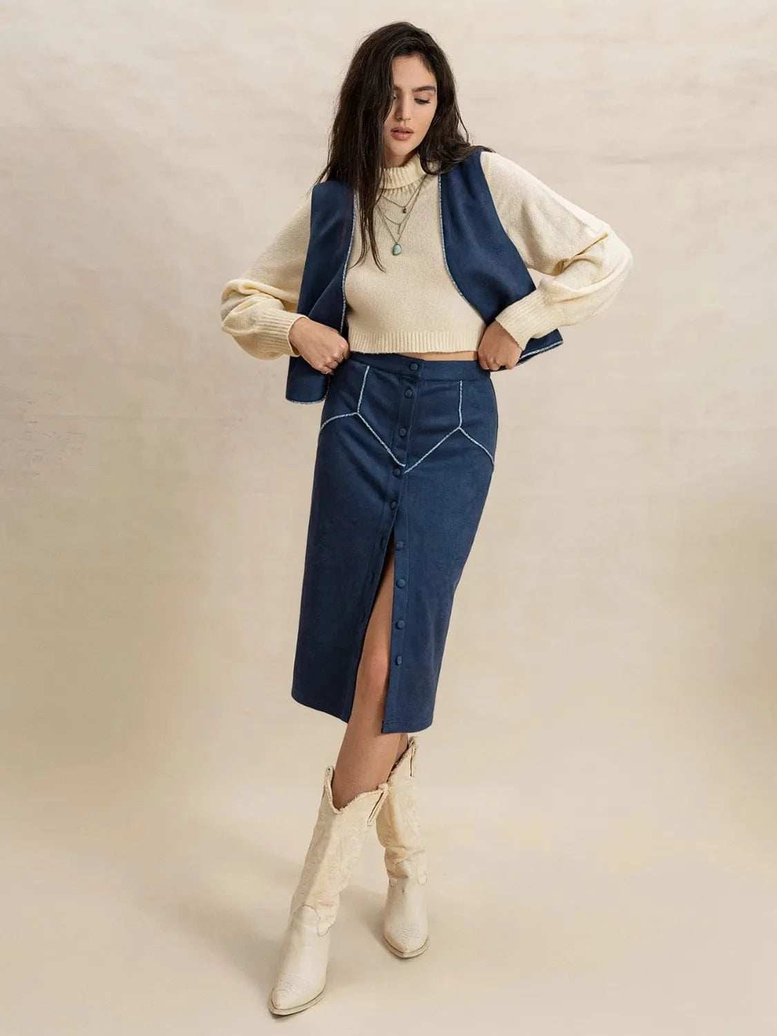 Open Front Vest and Buttoned Skirt Set - Trendsi - Flyclothing LLC