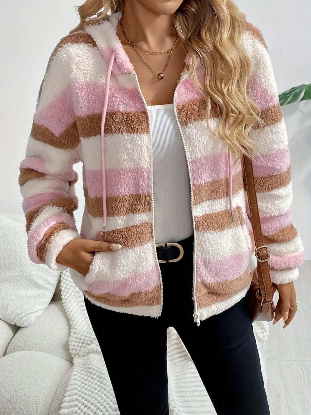 Drawstring Striped Zip Up Hooded Jacket - Trendsi - Flyclothing LLC