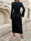 Devine Tied V-Neck Long Sleeve Sweater Dress - Trendsi - Flyclothing LLC