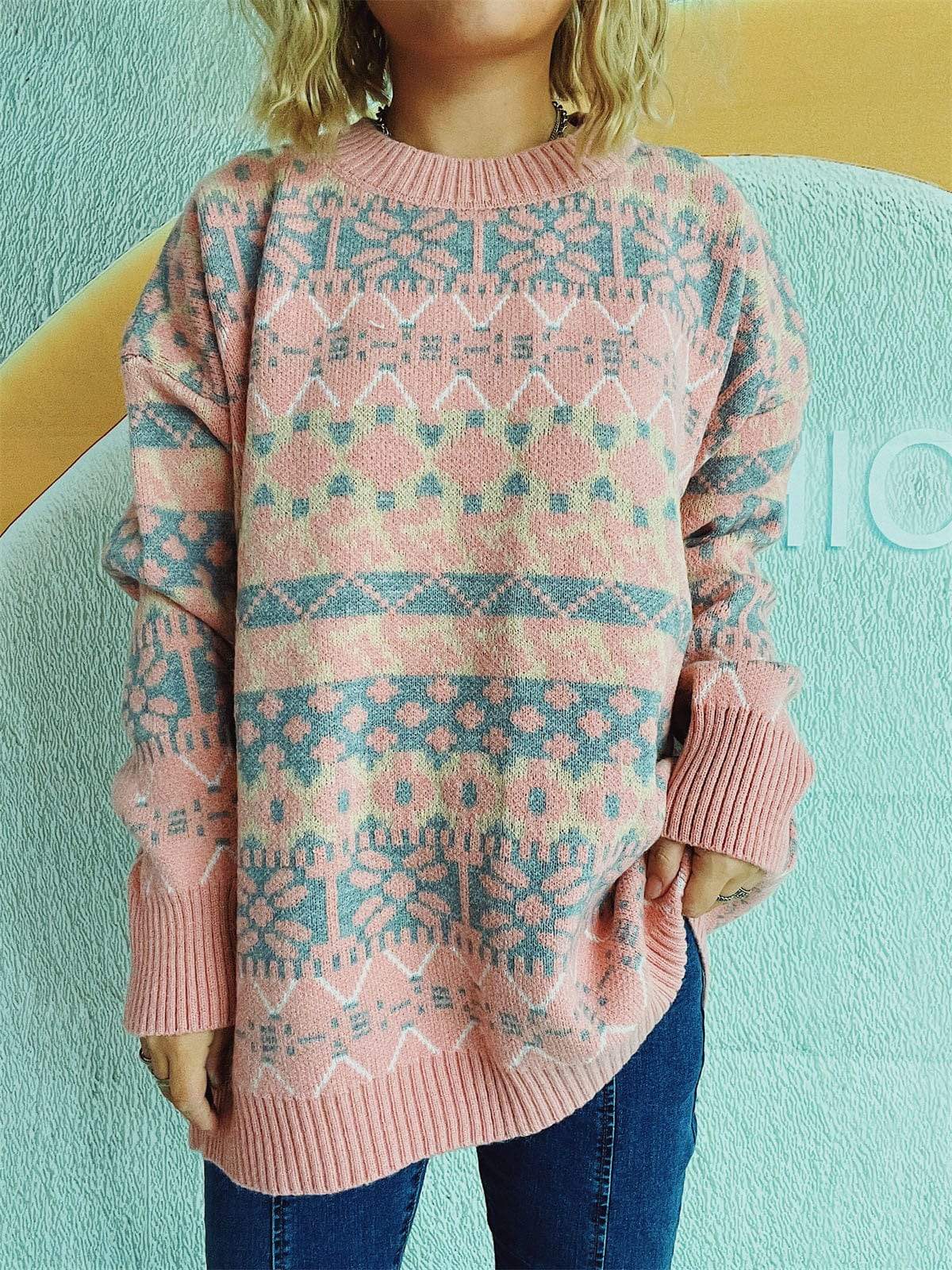 Geometric Round Neck Dropped Shoulder Sweater - Trendsi - Flyclothing LLC