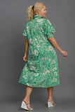 Umgee Full Size Printed Smocked Cuff Puff Sleeve Midi Dress Plus Size - Trendsi