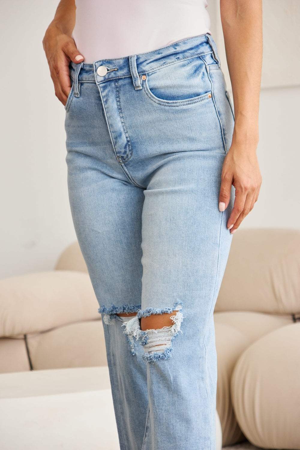 RFM Full Size Tummy Control High Waist Raw Hem Distressed Jeans - Trendsi - Flyclothing LLC