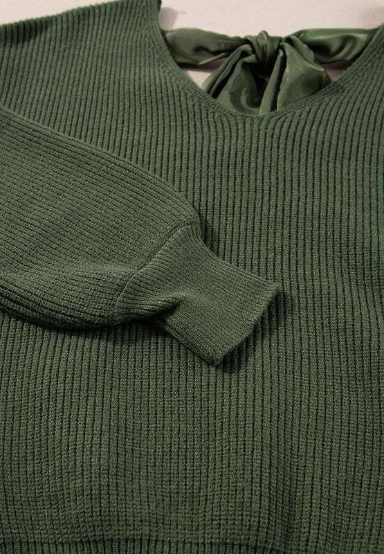 Tied Back V-Neck Long Sleeve Sweater - Trendsi - Flyclothing LLC