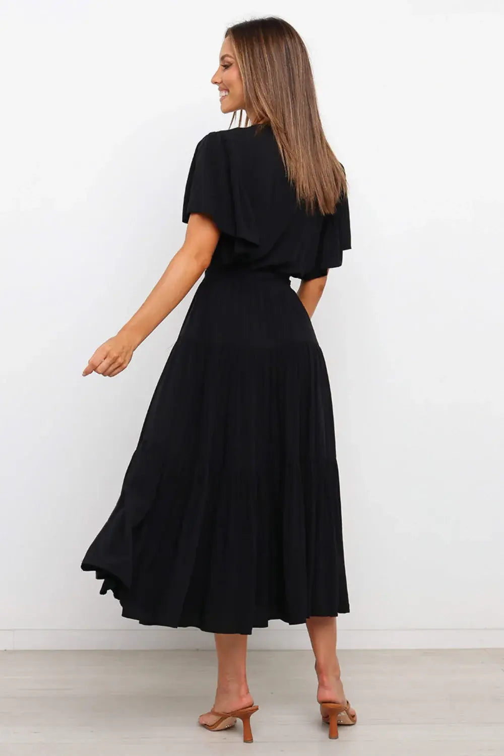 Front Tie Short Sleeve Tiered Midi Dress - Trendsi - Flyclothing LLC