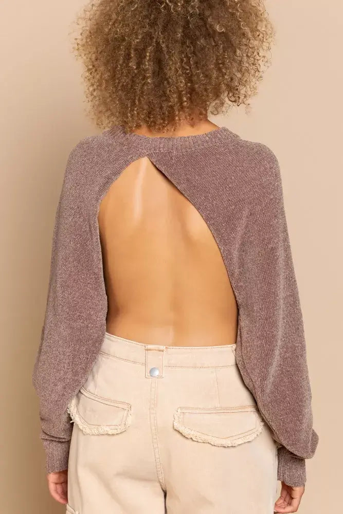 POL Round Neck Backless Sweater with Ribbed Edge - Trendsi - Flyclothing LLC