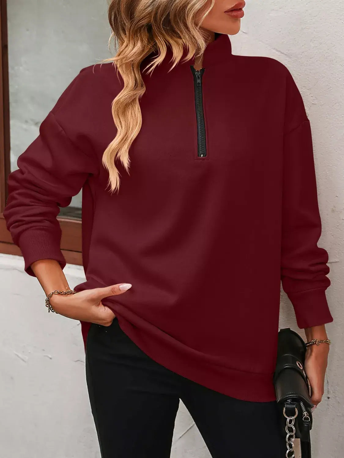 Quarter Zip Dropped Shoulder Sweatshirt - Trendsi - Flyclothing LLC