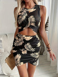 Cutout Printed Round Neck Sleeveless Mini Dress - Trendsi