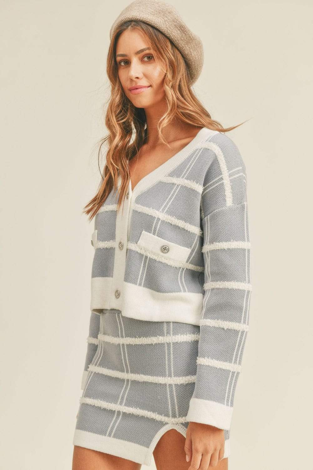 MABLE Plaid Button Down Sweater Cardigan and Mini Skirt Set - Trendsi - Flyclothing LLC
