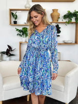 Double Take Full Size Printed Drawstring Waist Long Sleeve Dress - Trendsi - Flyclothing LLC
