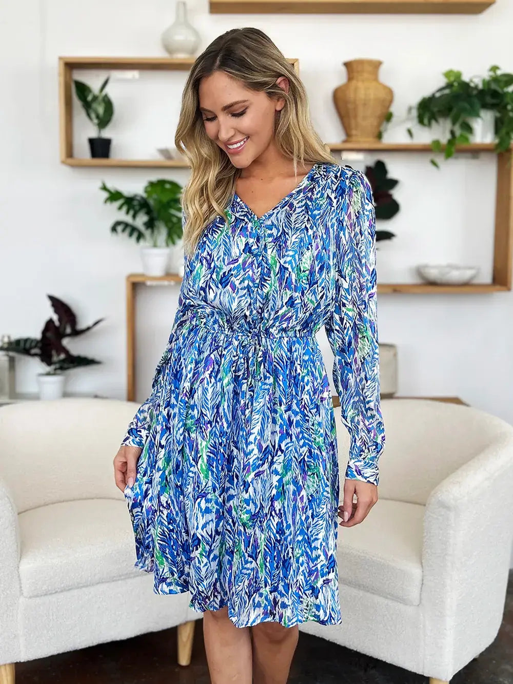 Double Take Full Size Printed Drawstring Waist Long Sleeve Dress - Trendsi - Flyclothing LLC