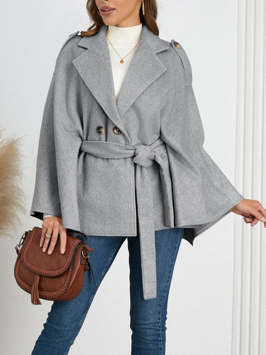 Double-Breasted Tie Waist Poncho - Trendsi