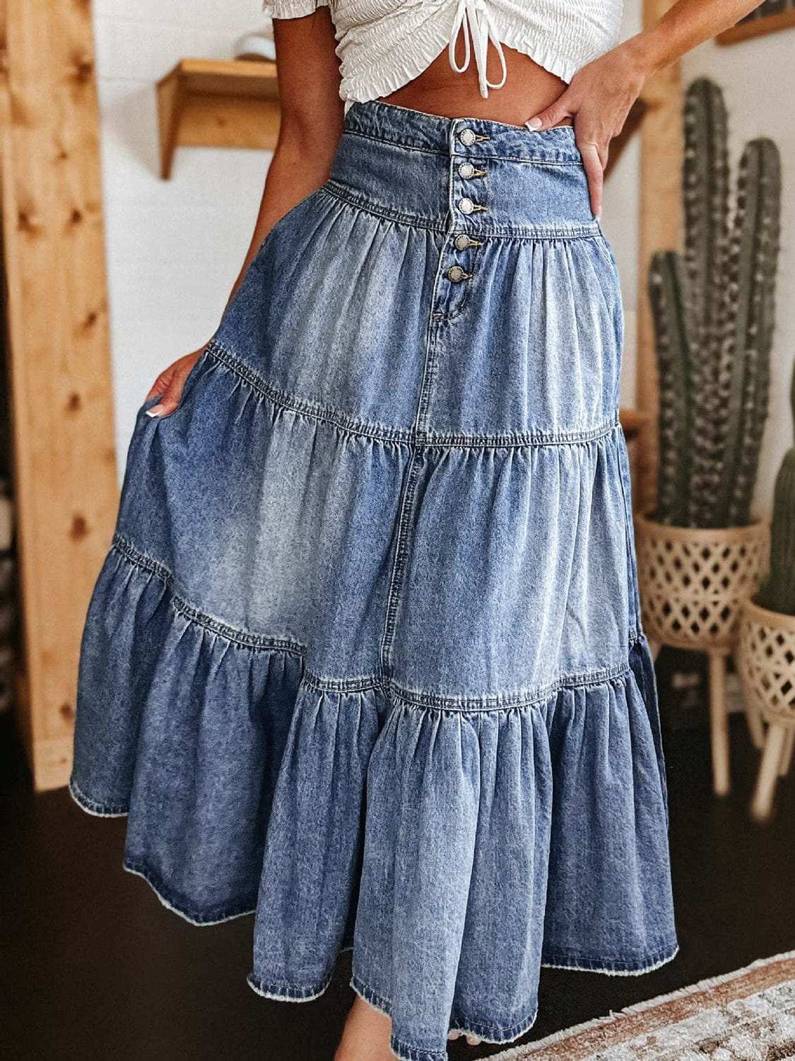 Tiered Button-Fly Denim Skirt - Trendsi - Flyclothing LLC