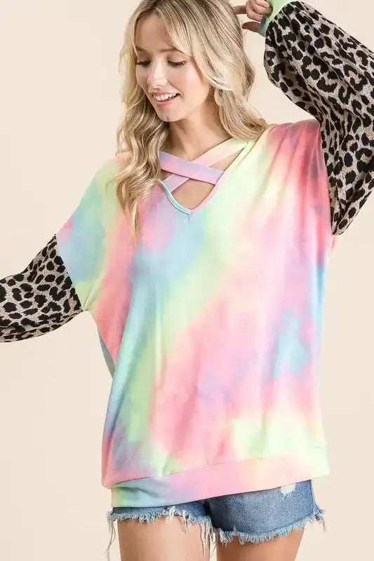 BiBi Tie Dye Terry Top with Leopard Puff Sleeves - Trendsi - Flyclothing LLC