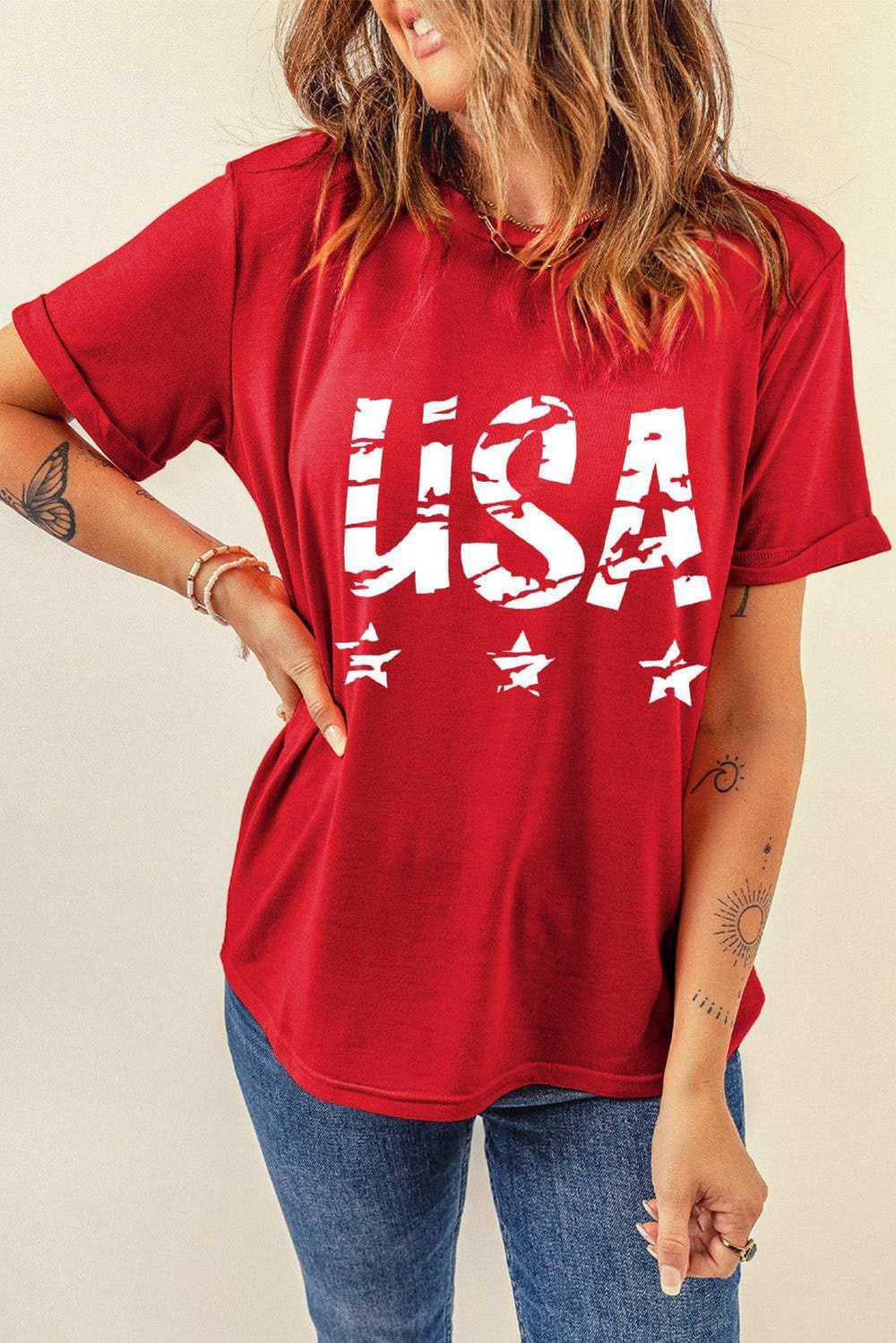 USA Round Neck Short Sleeve T-Shirt - Trendsi - Flyclothing LLC