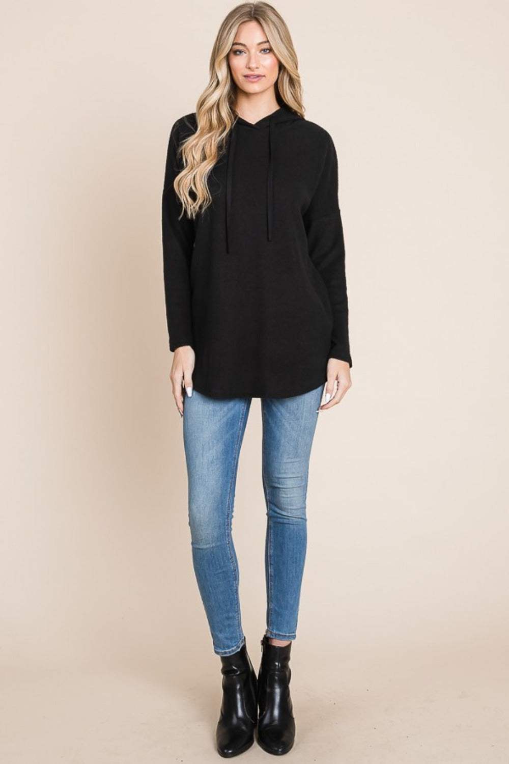 BOMBOM Contrast Drawstring Drop Shoulder Knit Hoodie - Trendsi - Flyclothing LLC