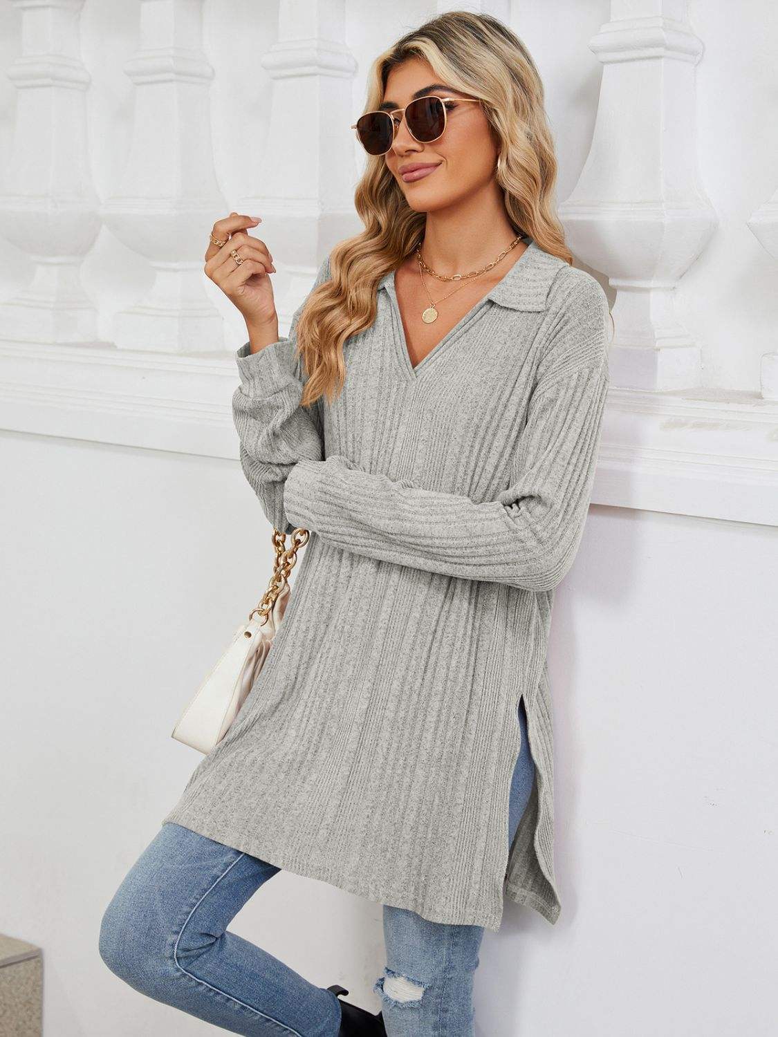 Slit Johnny Collar Long Sleeve T-Shirt - Trendsi - Flyclothing LLC