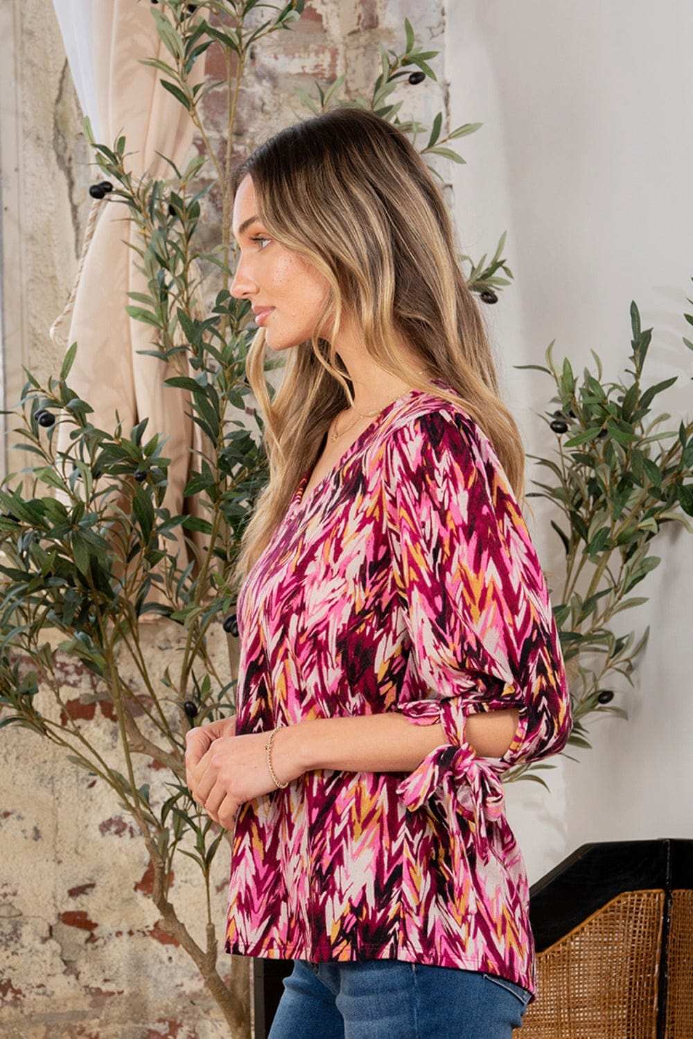 Sew In Love Full Size Printed V-Neck Blouse with Sleeve Knot - Trendsi - Flyclothing LLC