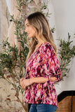 Sew In Love Full Size Printed V-Neck Blouse with Sleeve Knot - Trendsi