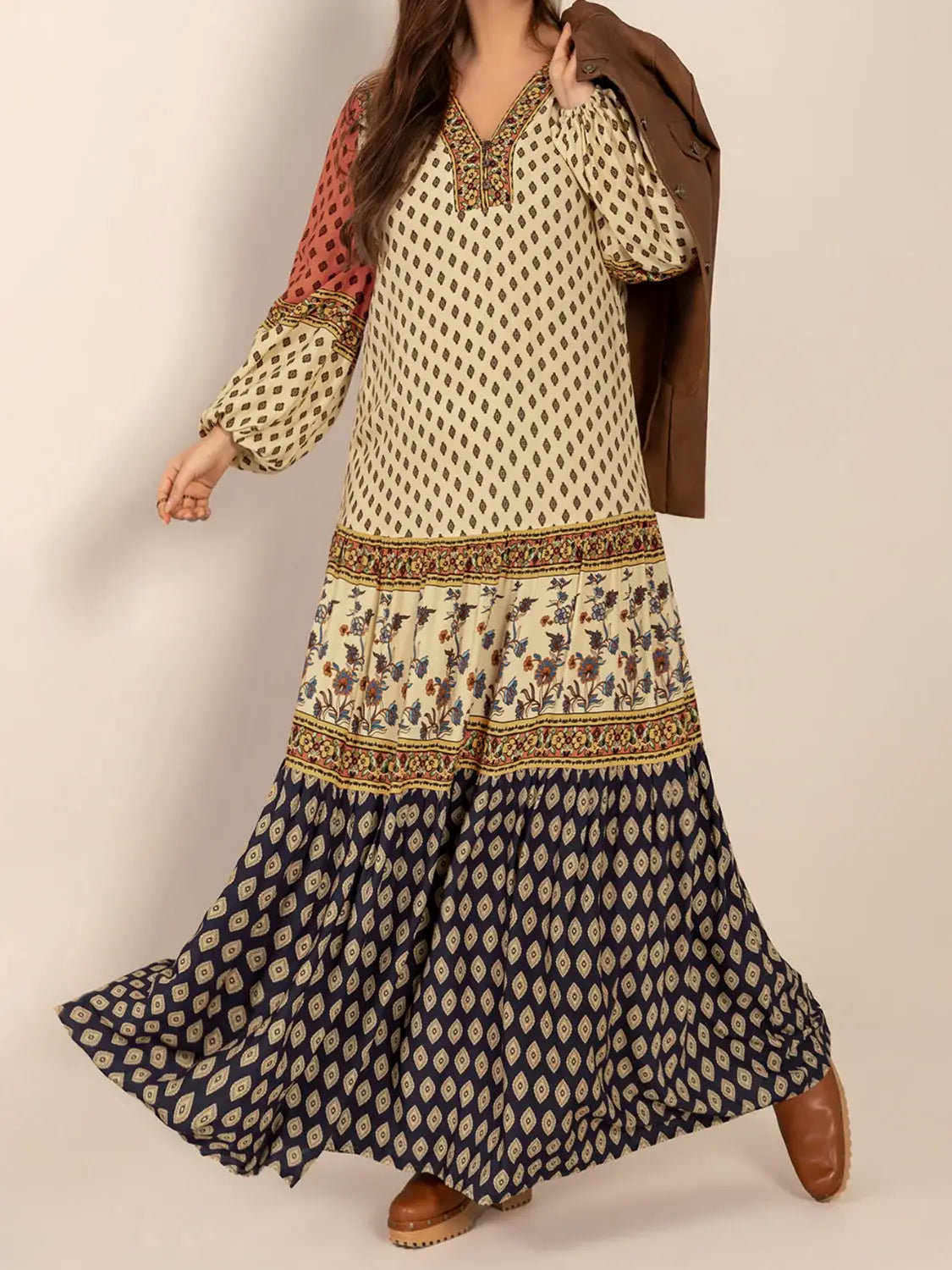 Printed V-Neck Balloon Sleeve Maxi Dress - Trendsi - Flyclothing LLC