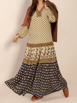 Printed V-Neck Balloon Sleeve Maxi Dress - Trendsi - Flyclothing LLC