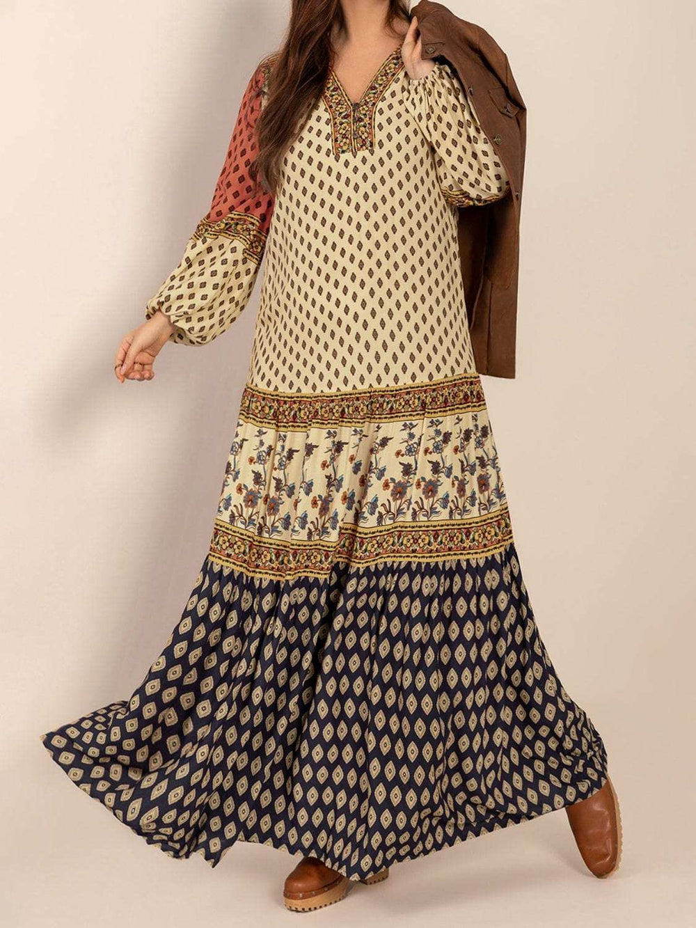 Printed V-Neck Balloon Sleeve Maxi Dress - Trendsi - Flyclothing LLC