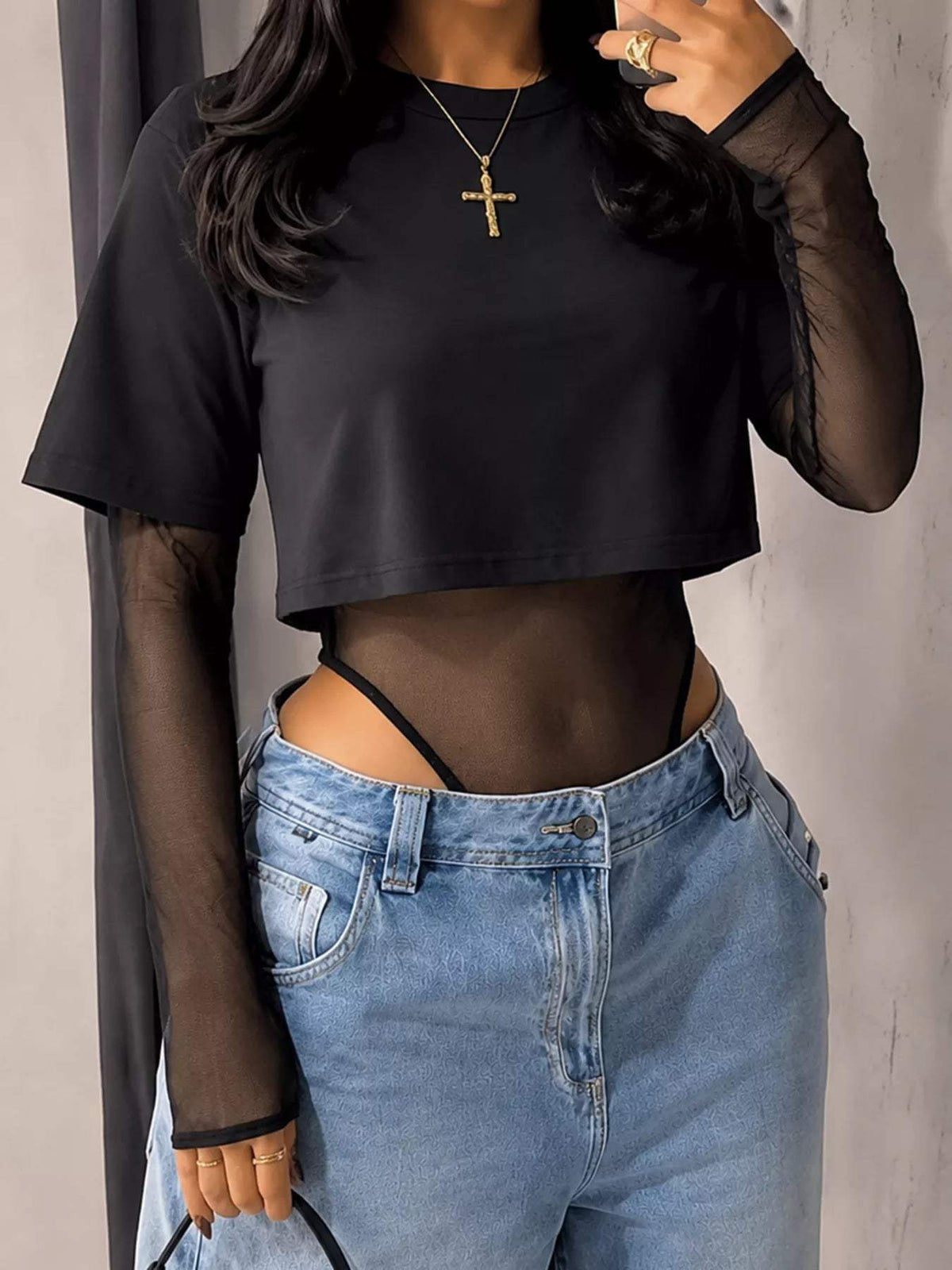 Sheer Mesh Long Sleeve Bodysuit - Trendsi - Flyclothing LLC