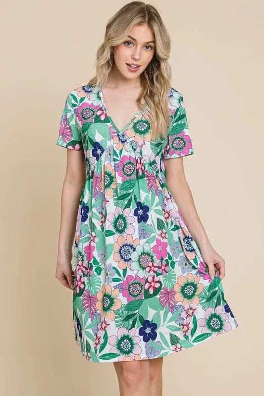 BOMBOM Ruched Floral V-Neck Short Sleeve Dress - Trendsi - Flyclothing LLC
