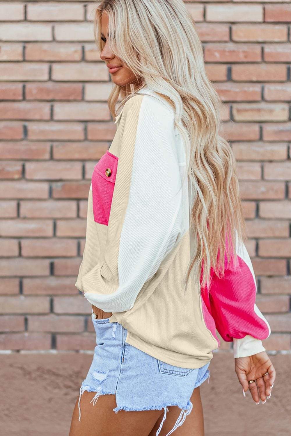 Color Block Collared Neck Long Sleeve Sweatshirt - Trendsi - Flyclothing LLC