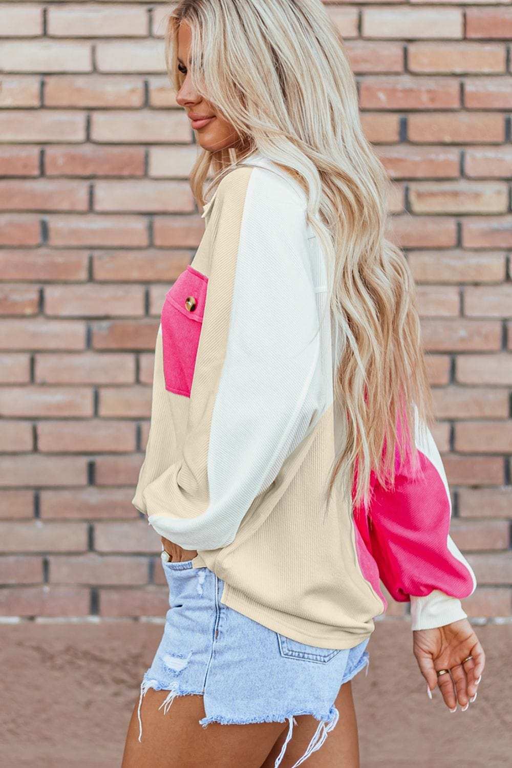 Color Block Collared Neck Long Sleeve Sweatshirt - Trendsi - Flyclothing LLC