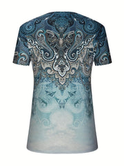 Full Size Printed Notched Short Sleeve Blouse - Trendsi